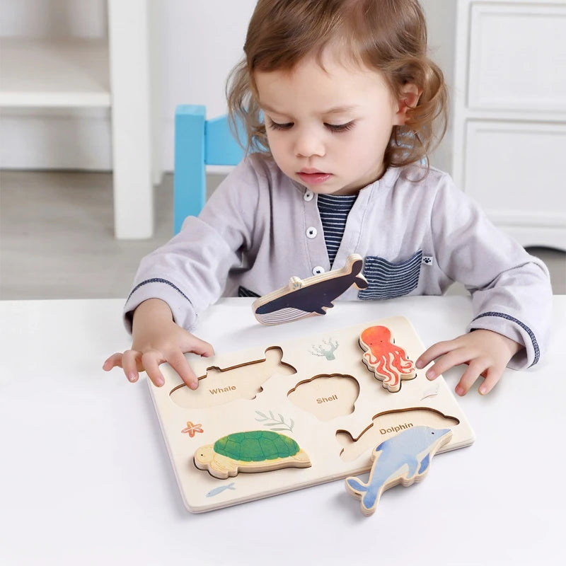 MONTESSORI Wooden Puzzle Cartoon Ocean Animal, Baby Toy