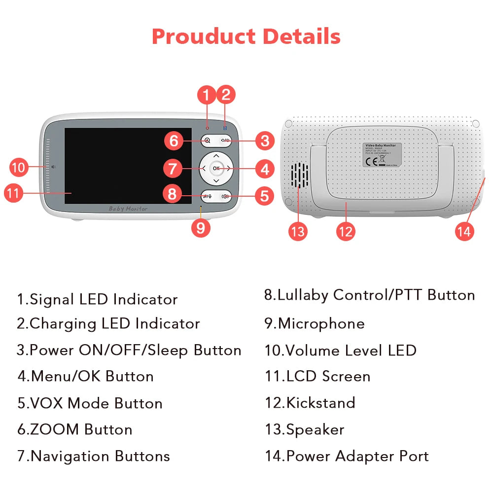 Baby Monitor 4.0 inch Camera 3X Digital Zoom Two Way Audio Auto Night Vision 720P HD Security