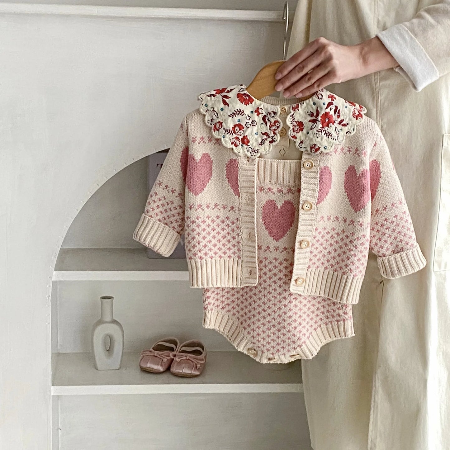 Heart Jacquard Sweater Knitted Cardigan, Optional