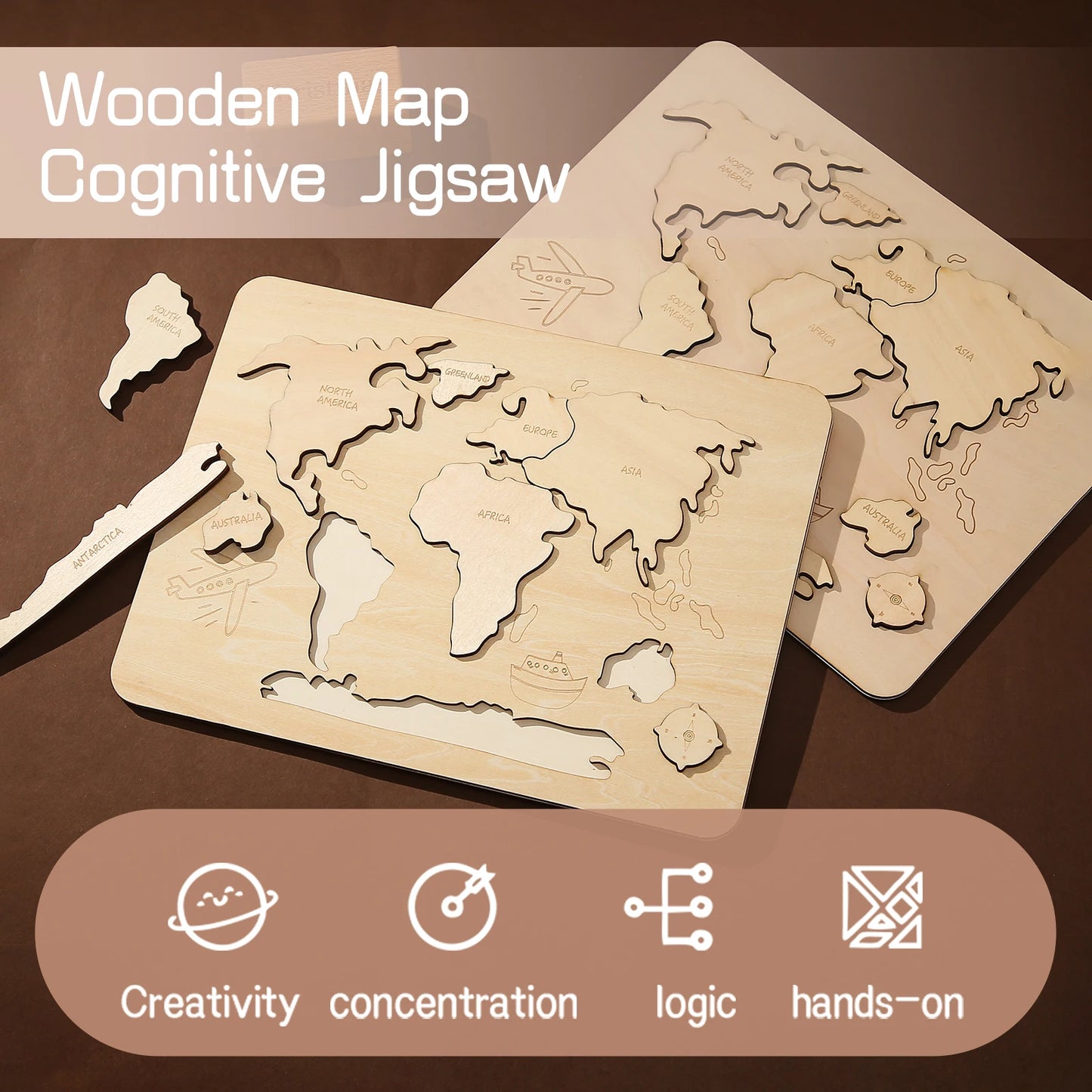 MONTESSORI Wooden World Map Continents Puzzle