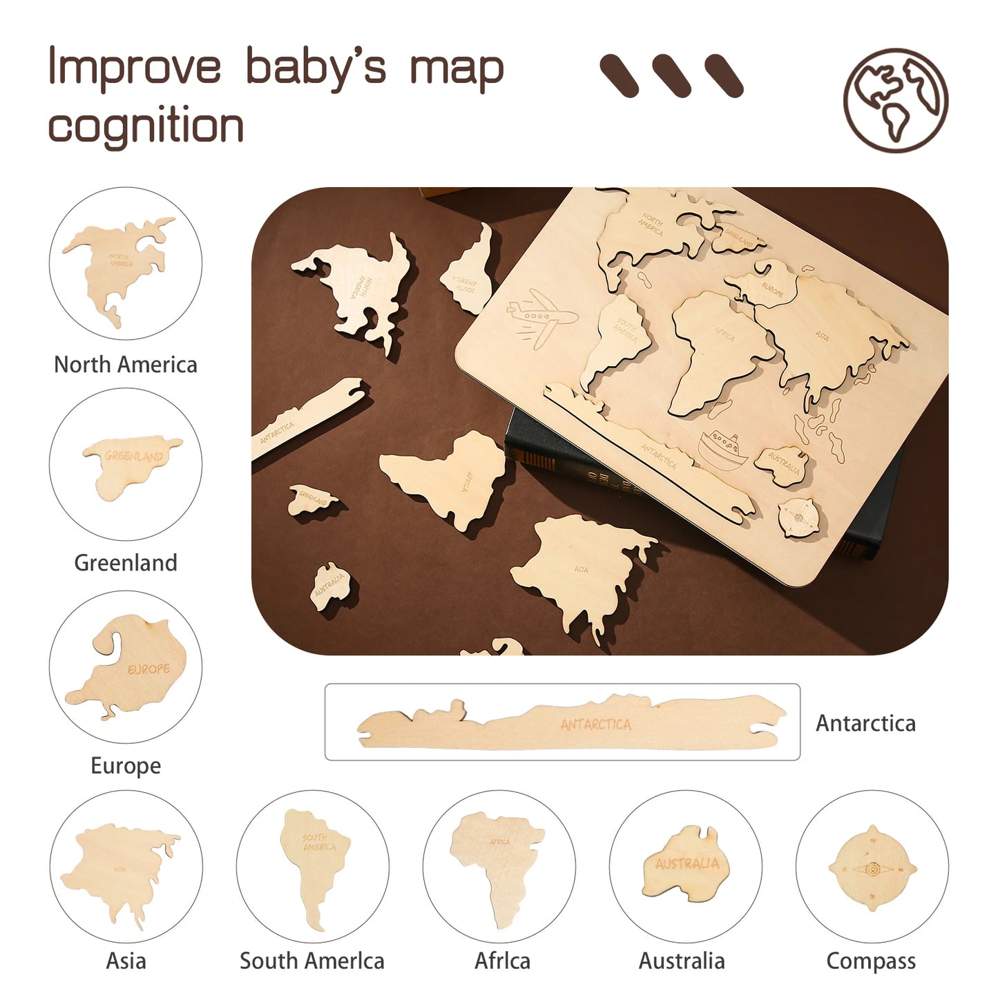 MONTESSORI Wooden World Map Continents Puzzle