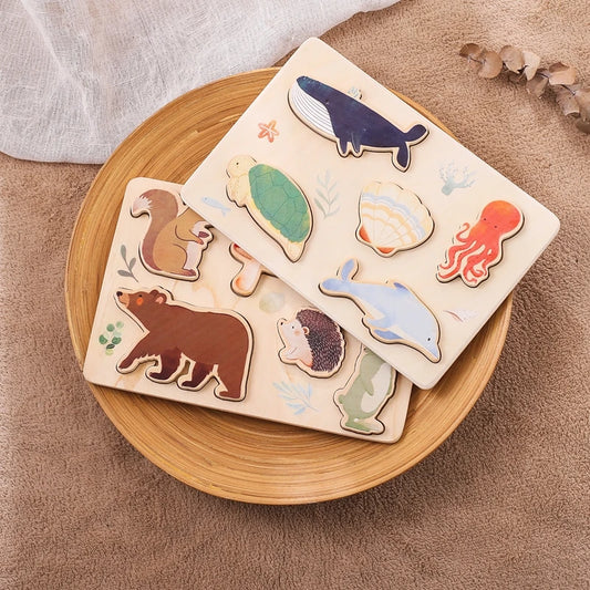 MONTESSORI Wooden Puzzle Cartoon Ocean Animal, Baby Toy